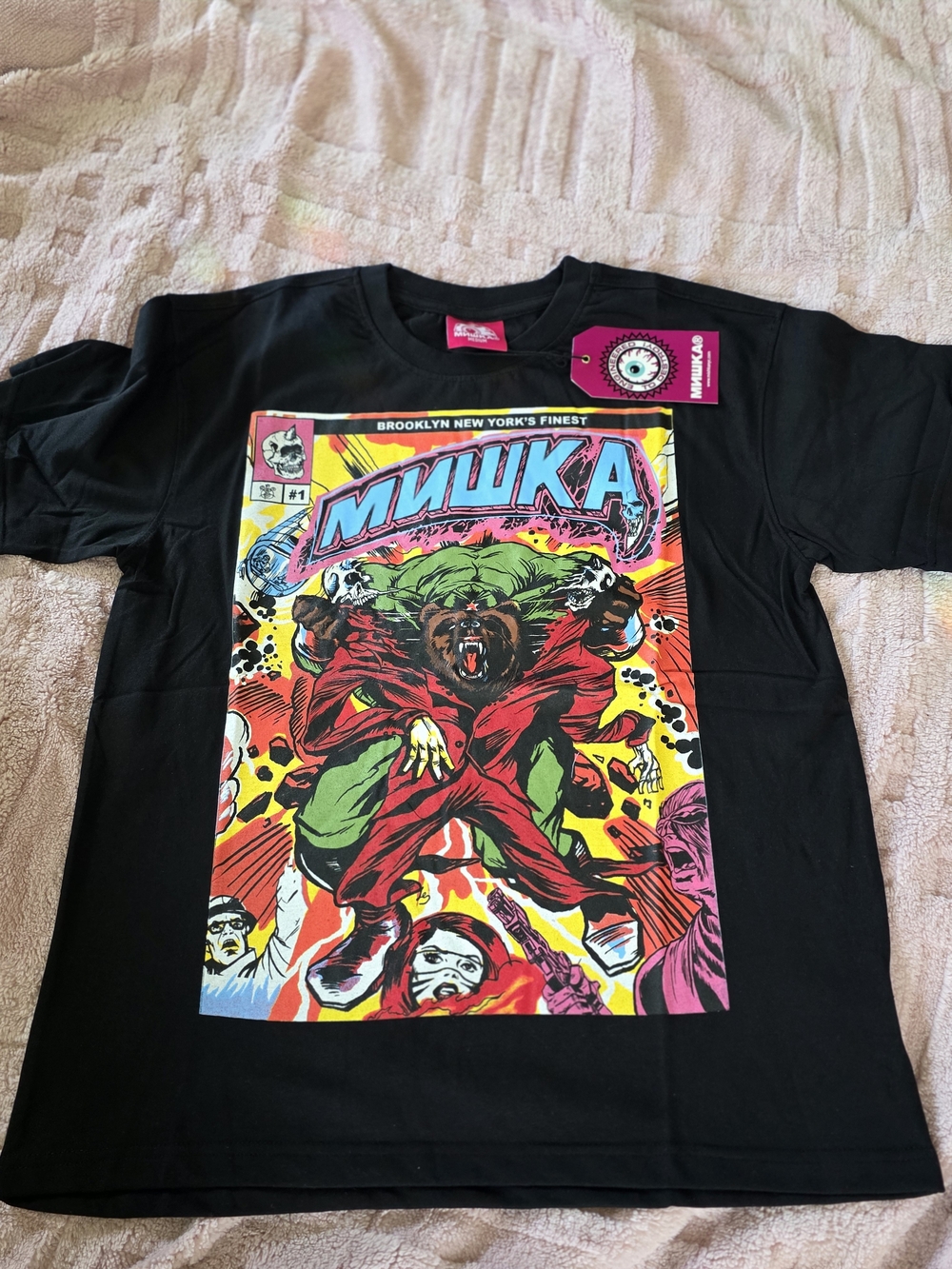 Mishka Black Tee with Multicolor Comic Bear Graphic